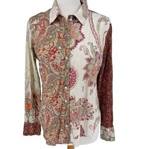 Cuno Colorful Print Women's Collared Button Down Long Sleeve Blouse Top-Large